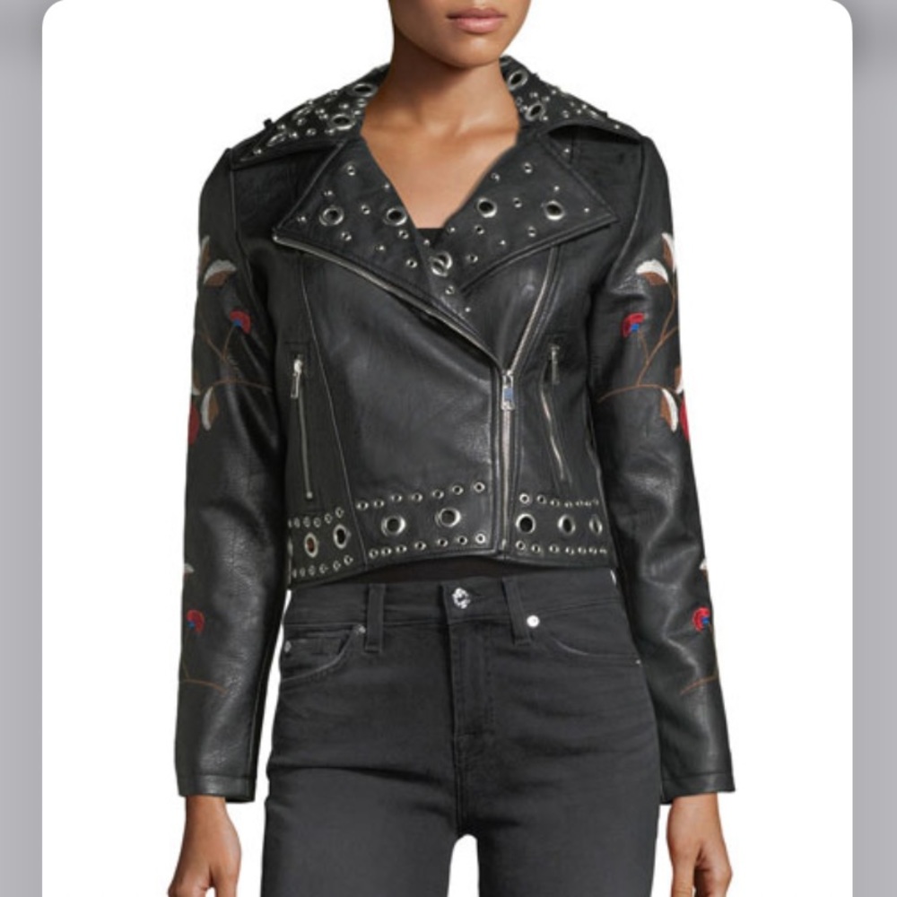Free Generation Embroidered Moto Faux Leather jacket M NWT